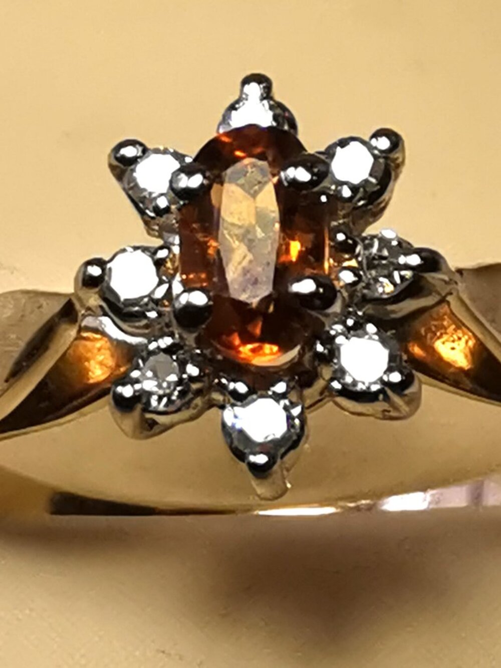 14K Gold Citrine Diamond Halo Ring Size 5.5 SLJ 1980s
